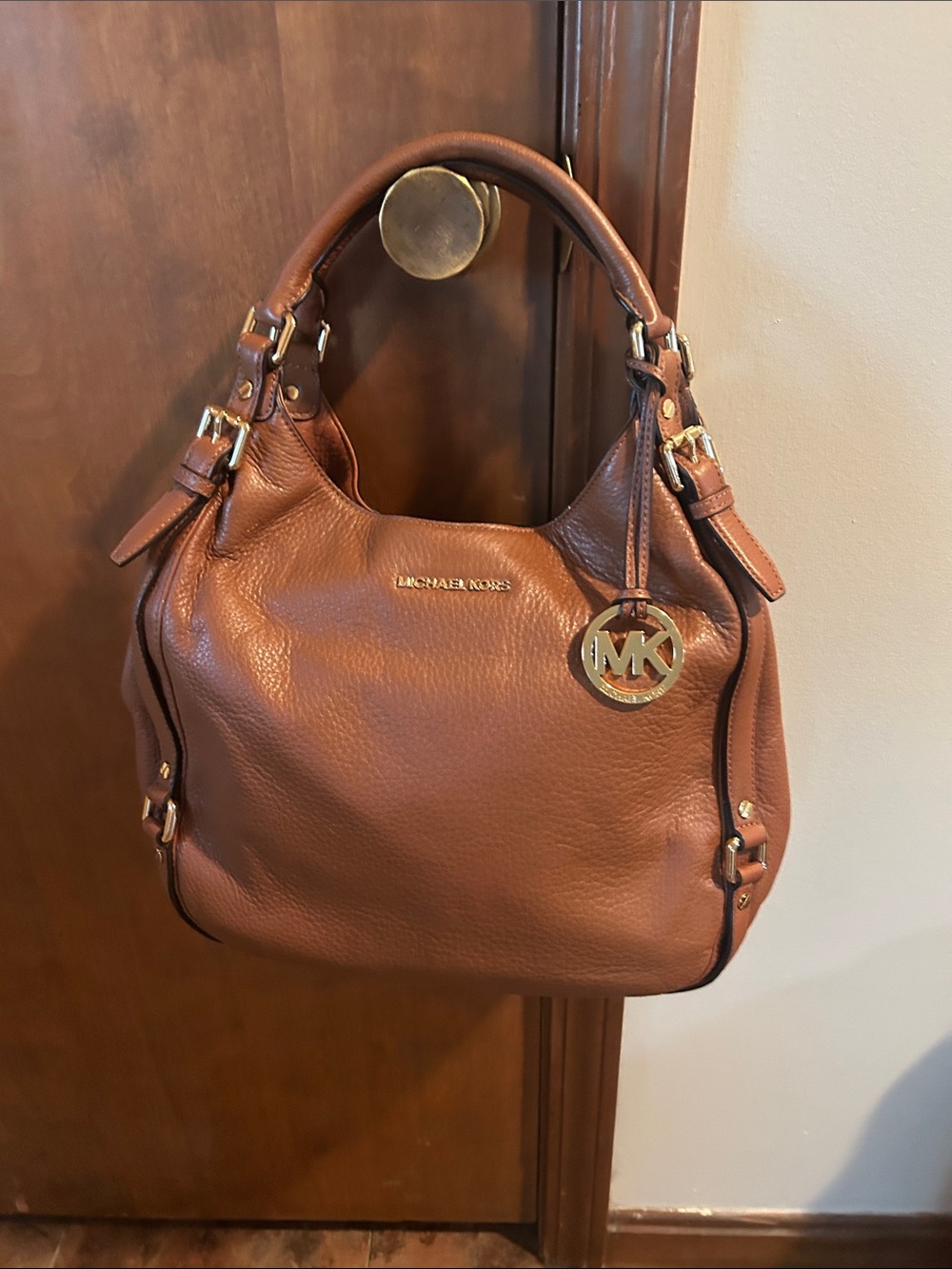 MICHAEL Michael Kors Brown Pebbled Leather Shoulder Bag with Gold Hardware